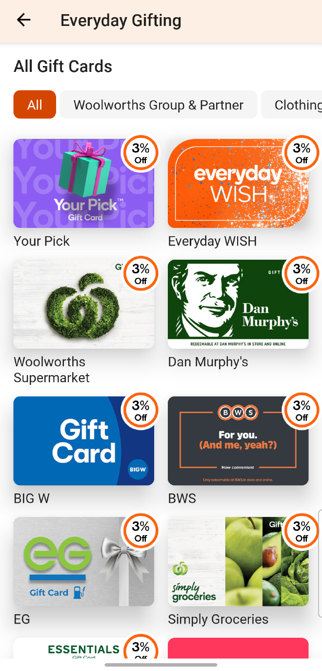 多款 Woolies 集團 Gift Cards 都會有不同的額外折扣